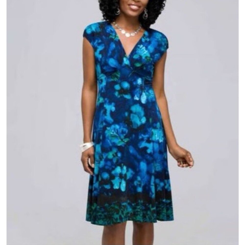 Jones NY Dress Blue Green Yellow 10 Stretch Wrap Floral Career Church Summer